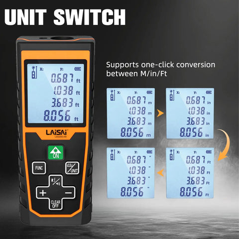 Heavy Duty Laser Distance Meter Featuring Slick Green Beams And Up To 262 Foot Range Rechargeable Battery With Crisp Lcd Readout Spot On Two Millimeter Accuracy For Hardworking Tradesmen showing unit conversion options on display.