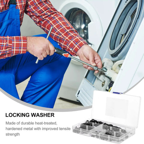 340-Piece Internal Tooth Lock Washers Assortment Kit with push-on clips shown in use for machinery repair