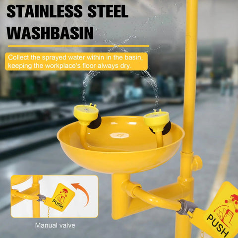 Heavy Duty Emergency Shower And Eyewash Station 304 Stainless Steel Built Tough Safety Combo with yellow washbasin