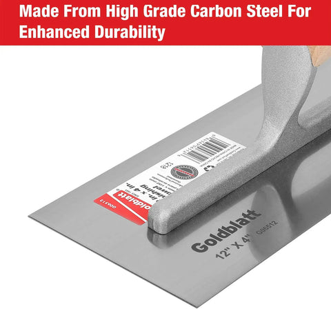 Close-up of Carbon Steel Drywall Trowel Set With Lightweight Wood Handles showing 12x4 inch blade and handle detail.
