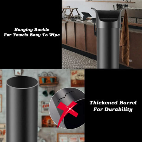Slick Black Espresso Dump Bin with thickened barrel for durability, 8.6L detachable vertical coffee grounds bucket.