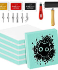 2x2 Inch Rubber Carving Blocks Stamp Making Kit For Beginners With Ink Pads Carving Knife And Wooden Roller DIY Linoleum Block Printmaking Set In White And Green showing tools and ink pads.
