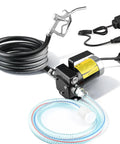 Heavy Duty 110V Electric Fuel Transfer Pump Kit With Self Priming Hose And Reversible Flow with black hose and power cord.