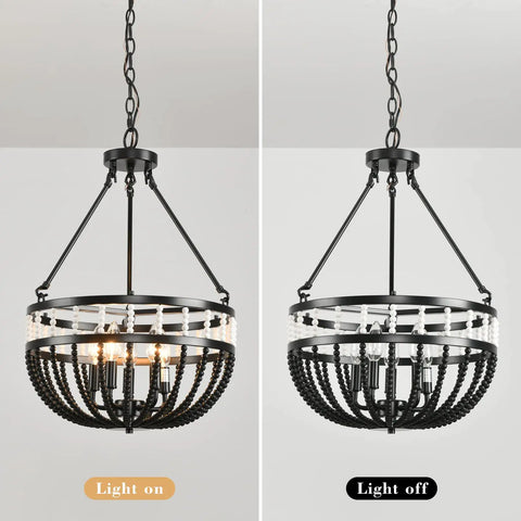 Comparison of Boho Beaded Chandelier With Five Lights 16 Inch Black And White Modern Farmhouse Wood Bead Pendant Lighting on and off