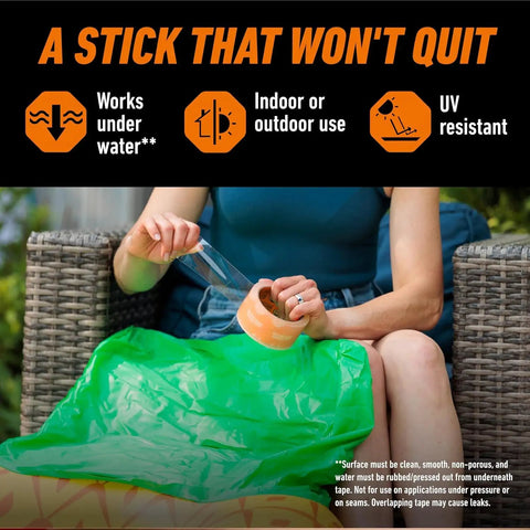 Person using Crystal Clear Repair Duct Tape 1.88 Inch By 9 Yard Heavy Duty Weatherproof All Purpose Tape Tear By Hand on green fabric