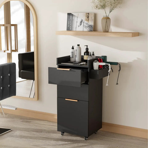 Rolling Salon Cart With Three Tier Design Two Drawers And Adjustable Shelf Hair Dryer Holder Pro Grade Mobile Organizer Black