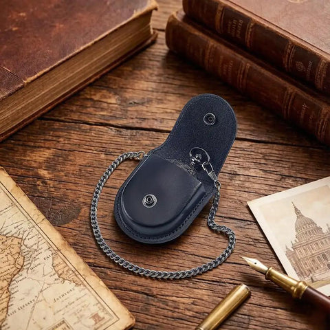 Hella Solid Pocket Watch Case Crafted From Premium Pu Leather Featuring A Snazzy Antique Bronze Chain Secure Snap Closure And Roomy Compartment For Keeping Your Favorites Safe In Classic Black on wooden table.