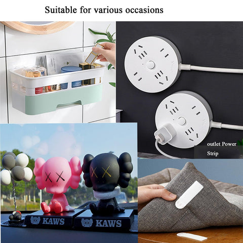 Composite image featuring various applications of double-sided adhesive strips including cable management and decor setup.