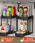 Heavy Duty Sliding Under Sink Organizers 2 Pack Black Pull Out Cabinet Drawers with bottles and boxes in kitchen storage