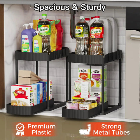 Heavy Duty Sliding Under Sink Organizers 2 Pack Black Pull Out Cabinet Drawers with bottles and boxes in kitchen storage