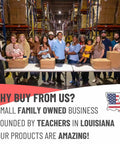 Group of people in a warehouse with 'Why Buy From Us?' poster and family-owned business information
