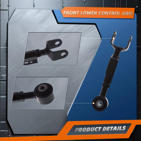 Front view of durable steel front lower control arm for vehicle suspension system, close-up of bolt attachments and bushing