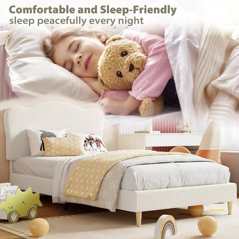 Super Chill Ultra Tough Twin Bed Frame For Kids Room Totally Comfy Berber Fleece Upholstery High Density Sponge Pad Easy Setup Low Rise Platform With Cool Beige with child sleeping peacefully.
