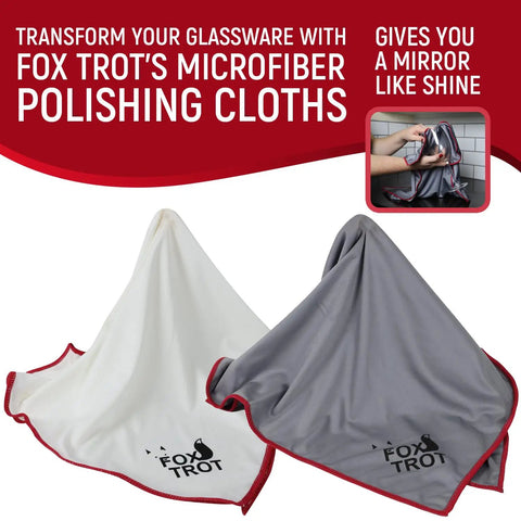 Large Microfiber Polishing Cloths for Glassware 2 Pack White and Gray showcasing streak-free and lint-free cleaning.