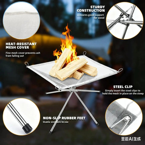 22 Inch Outdoor Folding Fire Pit for Camping and Backyard Fun with Stainless Mesh BBQ Fire Bowl, heat-resistant mat, carrying bag