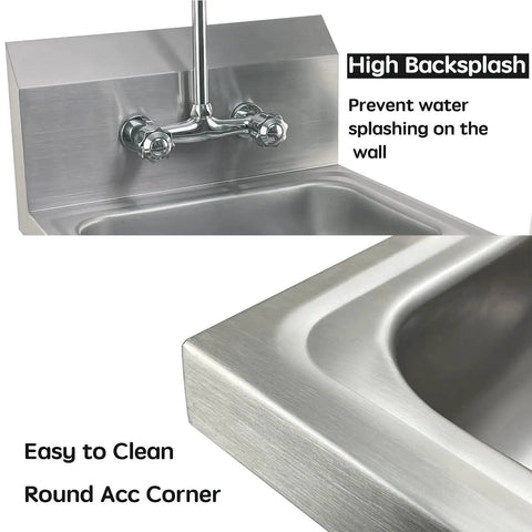 Stainless Steel Hand Sink Basin 17 X 15 Inches Wall Mount showing high backsplash and round corners.
