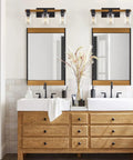 Rustic Farmhouse 3 Light Vanity Light Over Mirror With Seeded Glass Shades, Vintage Wood And Black Metal Bath Sconce