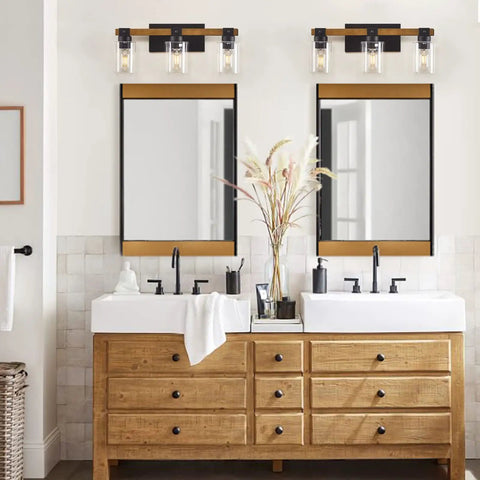Rustic Farmhouse 3 Light Vanity Light Over Mirror With Seeded Glass Shades, Vintage Wood And Black Metal Bath Sconce