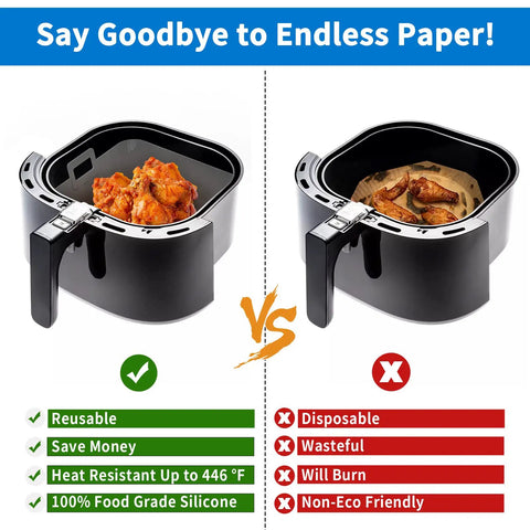 Comparison of 9 Inch Silicone Liners For 6 Qt To 9 Qt Air Fryers 2 Pack Square Reusable Inserts Blue And Grey versus paper liners.