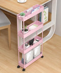 Four Tier Slim Storage Cart With Rolling Wheels For Narrow Gaps And Tight Spaces 38.7 Inch Tall Mobile Shelving Unit in pink.