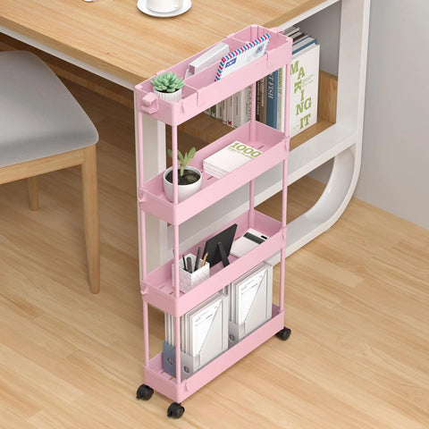 Four Tier Slim Storage Cart With Rolling Wheels For Narrow Gaps And Tight Spaces 38.7 Inch Tall Mobile Shelving Unit in pink.