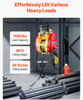 Front view of VEVOR 2-in-1 electric hoist winch, red and yellow housing, 1100 lb capacity with remote