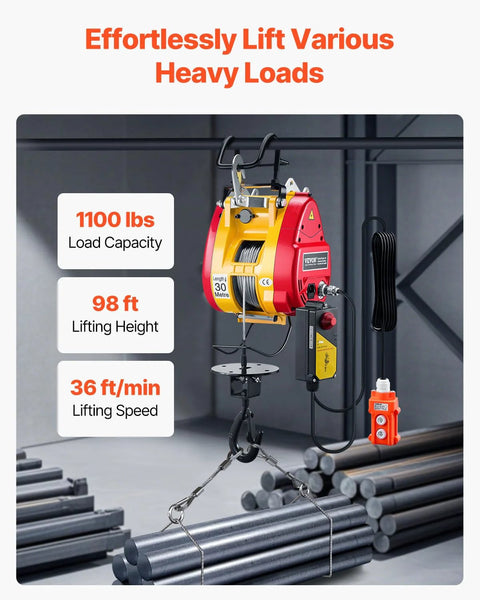 Front view of VEVOR 2-in-1 electric hoist winch, red and yellow housing, 1100 lb capacity with remote