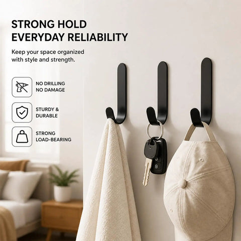 6 Pack Black Aluminum Coat Hooks No Drill Heavy Duty Wall Hooks Hold 50 Lbs wall-mounted with towel, keys, and cap