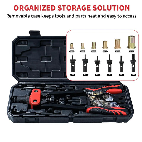 Top Notch 14 Inch Heavy Duty Rivnut Tool Kit With Six Interchangeable Mandrels And Fifty Assorted Rivet Nuts For Auto Repair Sheet Metal Fixing And Awesome DIY Projects. Open case with M3-M10 mandrels and rivet nuts