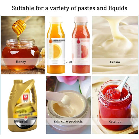 Image showcasing products filled with Heavy Duty Pneumatic Filling Machine With Stainless Steel Hopper For Liquids And Pastes Automatic Manual Control Pedal Operated No Hustle Setup For Cosmetics Oil Shampoo Honey 500 To 5000 Ml.