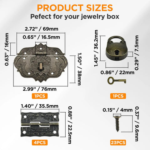Antique Bronze Jewelry Box Hinge Hasps Lock Kit With Screws Retro Engraved Decorative Hardware product size details