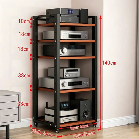 5 Layer HiFi Stand On Wheels For Heavy Duty Audio Gear And Vinyl Storage Rolling AV Rack With Adjustable Shelves For Stereo Receiver And Home Theater Setup in a room corner