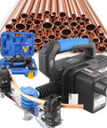 Cordless Electric Pipe Bender For Quick 90 Degree Bends On Copper Iron Aluminum Pipes With Replaceable Dies Great For Ac Heating Vent Installation Fast Effortless Work with copper tubing and carrying case.