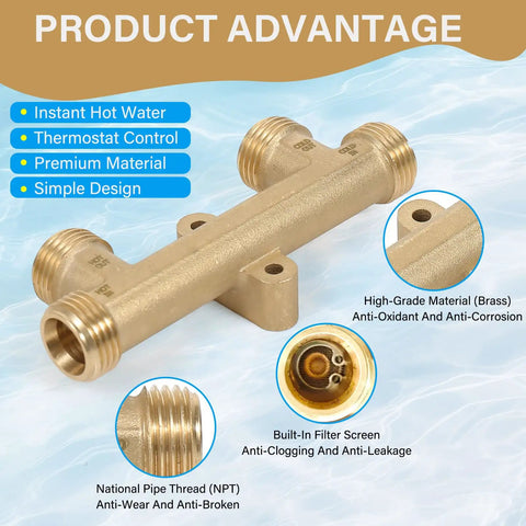 Solid Brass Sensor Valve Upgrade For Instant Hot Water Recirculation Replace Watts Premier 367010 Compatible With Grundfos Pump Systems, showcasing high-grade brass with NPT thread.