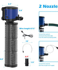 660GPH Submersible Pond Pump with Sponge Filter and 3 Stage Filtration for Aquariums and Hydroponics with 2 nozzles and dimensions