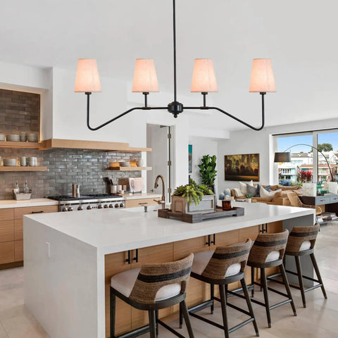 4 Light Kitchen Island Lighting Fixture Dope Modern Linear Chandelier Over Table Matte Black Finish With Linen Shades 41 Inch Wide