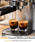 Two espresso shots pouring from the Kitchen MVP 20 Bar Espresso Machine With Built In Milk Frother And Stainless Steel Coffee Maker.
