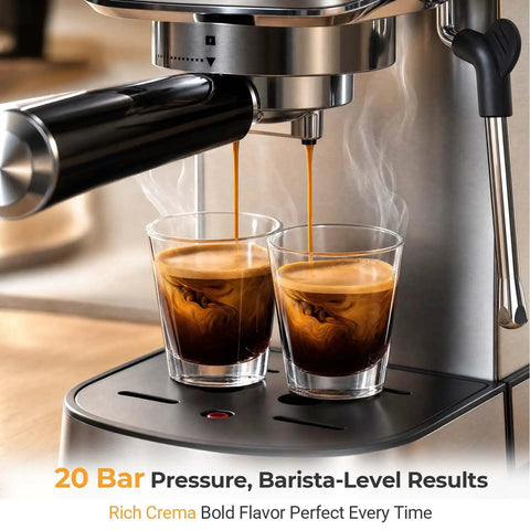 Two espresso shots pouring from the Kitchen MVP 20 Bar Espresso Machine With Built In Milk Frother And Stainless Steel Coffee Maker.
