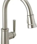 Single-Handle Kitchen Faucet With Pull Down Sprayer In Stainless Steel, 360 Degree Swivel, 20-Inch Retractable Hose displayed