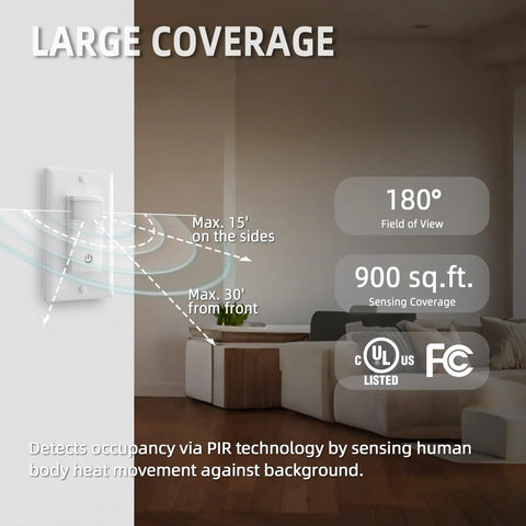 Motion Sensor Light Switch No Neutral Wire With Adjustable Sensitivity in living room showing large coverage