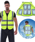 Cooling Safety Vest With 24 Ice Packs For Hot Weather Work That Keeps You Cool From Front To Back displayed by model and laid out flat