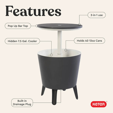 Modern Outdoor Bar Table With Built In 7.5 Gallon Beer And Wine Cooler For Backyard Gameday Parties And Poolside Hangouts A Portable Pop Up Bar With Hidden Cooler Lid Lifts For Quick Drinks On The Deck And Chill Vibes Dark Grey features diagram