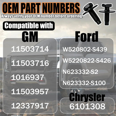 OEM part numbers for Rock Solid M6 1.0 By 25Mm Hex Head Sems Bolts With 19.5Mm Washers 30 Pack for GM, Ford, Chrysler.
