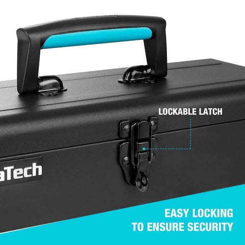 Built Different 15 Inch Carbon Steel Tool Box With Secure Metal Latch Heavy Duty Handheld Case For Garage Setup And Crew Calls Anti Corrosion Finish Keeps Essential Gear Locked