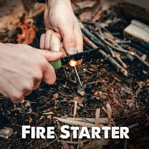 Hands using 3-In-1 Tactical Spork Orange All-In-One Spoon Fork Knife With Built-In Fire Starter For Hiking Camping MRE Prep BPA Free Stainless Steel Utensil For Outdoor Enthusiasts And Backpackers Durable Lightweight Build Ready For Camp Kitchen And Survival Kit demonstrating fire starting outdoors.