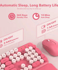 Hot Pink Typewriter Style Wireless Keyboard And Mouse Combo With Round Keycaps, Retro Candy Color, Full Size Ergonomic Set