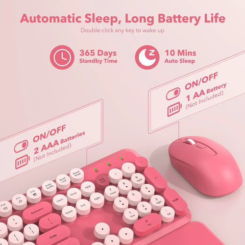 Hot Pink Typewriter Style Wireless Keyboard And Mouse Combo With Round Keycaps, Retro Candy Color, Full Size Ergonomic Set