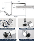 Top Notch 12 Inch Rain Shower Head With Adjustable Extension Arm All Metal 304 Stainless Steel High Pressure Rainfall Shower Head Square Waterfall Fixed Shower Head For Bathroom Chrome with dimensions and features.