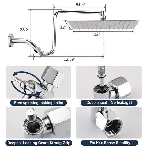 Top Notch 12 Inch Rain Shower Head With Adjustable Extension Arm All Metal 304 Stainless Steel High Pressure Rainfall Shower Head Square Waterfall Fixed Shower Head For Bathroom Chrome with dimensions and features.