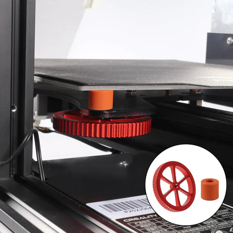 Ender 3 Leveling Upgrade Kit with red aluminum hand twist nuts and silicone leveling columns shown installed on printer